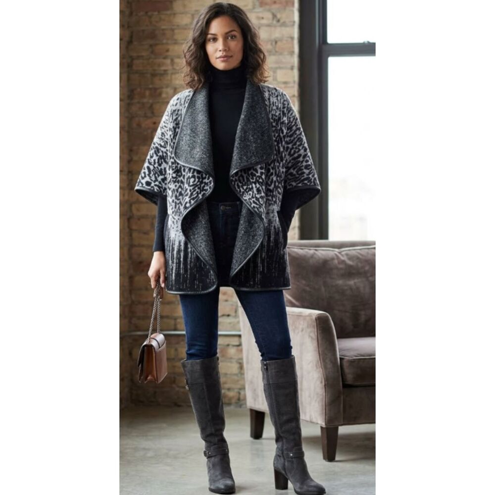 Simon Chang Collection Leopard Print Wool Shawl Cardigan Women's Size Small
